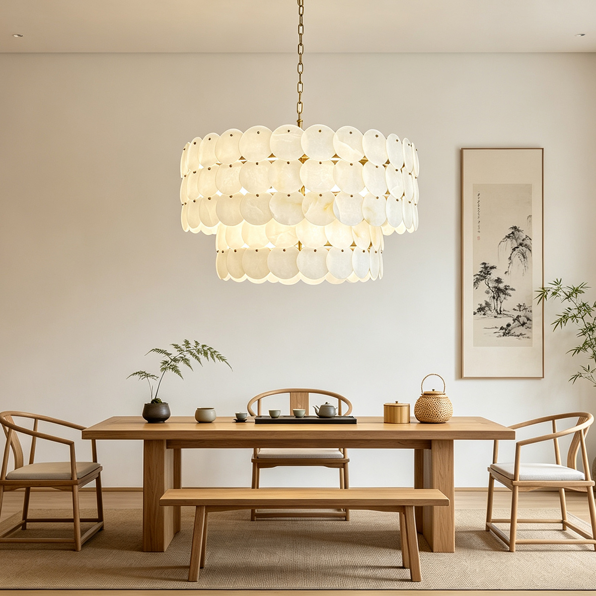 Casailighting Tiered Circular Alabaster & Brass Chandelier