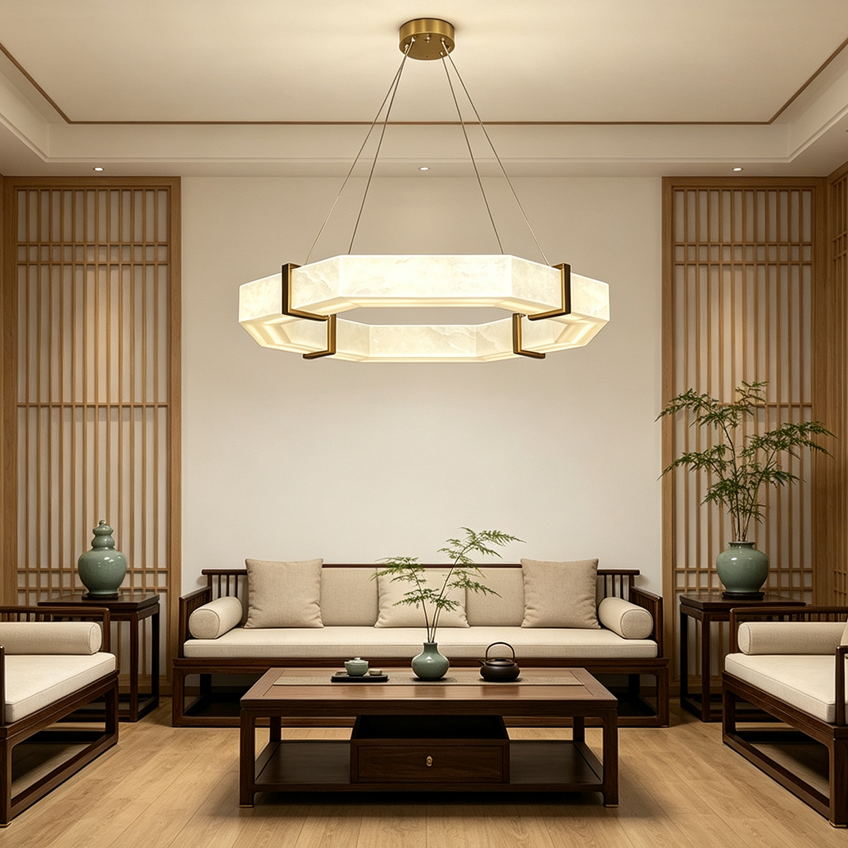 Casailighting Hexagonal Alabaster & Brass LED Chandelier