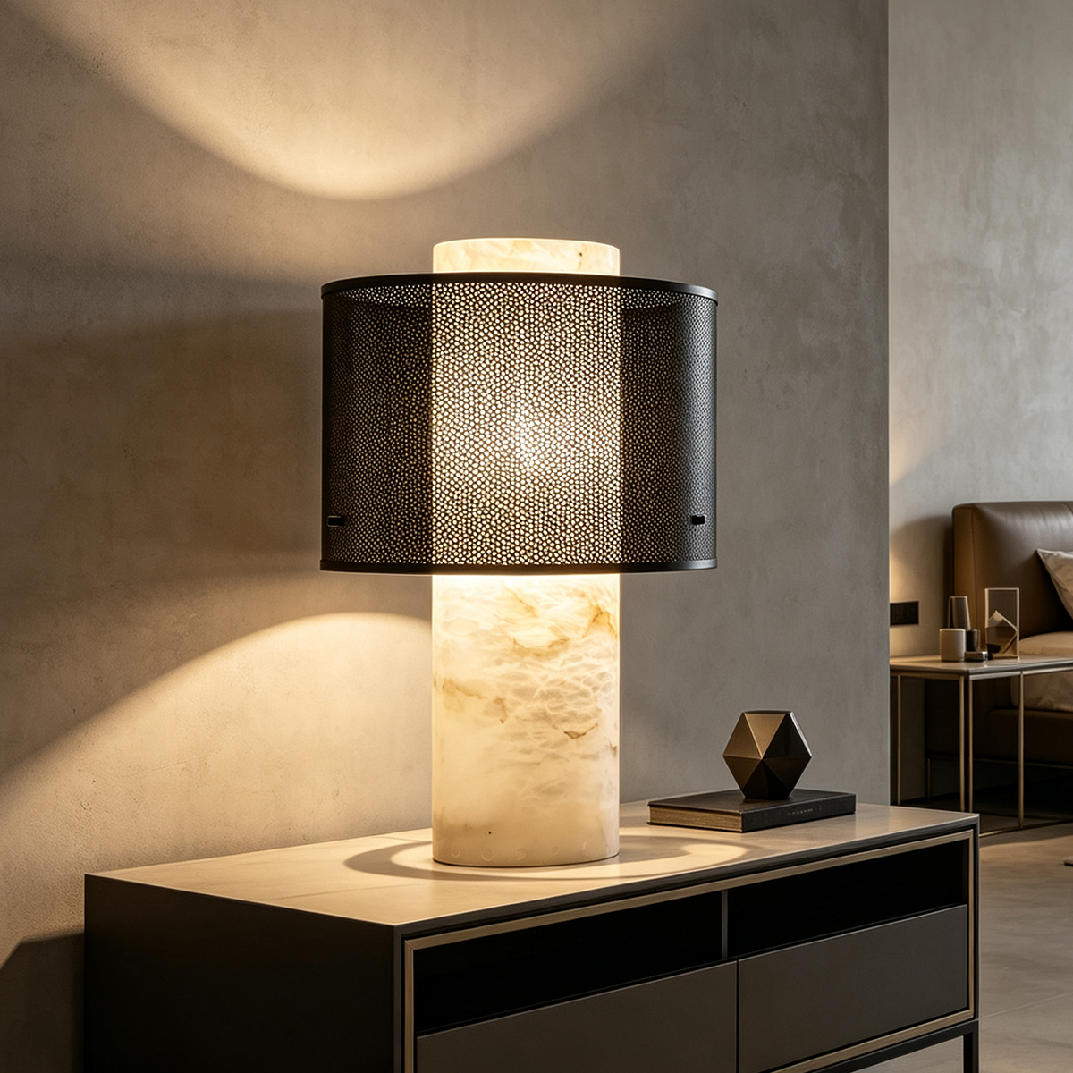 Casailighting “Mesh Veil” Alabaster & Gunmetal Brass Table Lamp