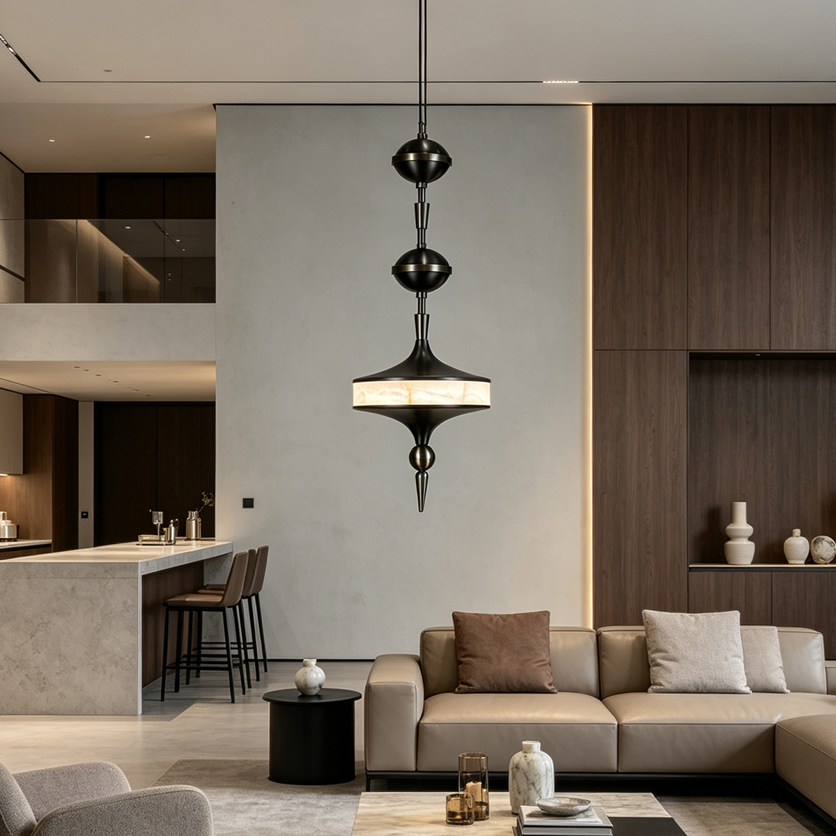 Casailighting Sculptural Top Alabaster & Brass Pendant Light