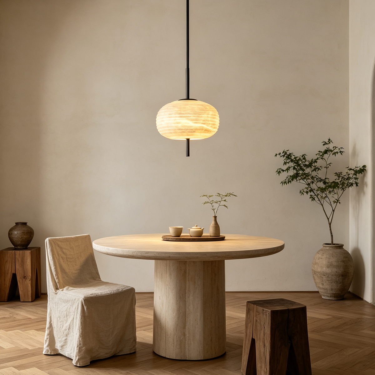 Casailighting Ribbed Alabaster & Brass Pendant Light
