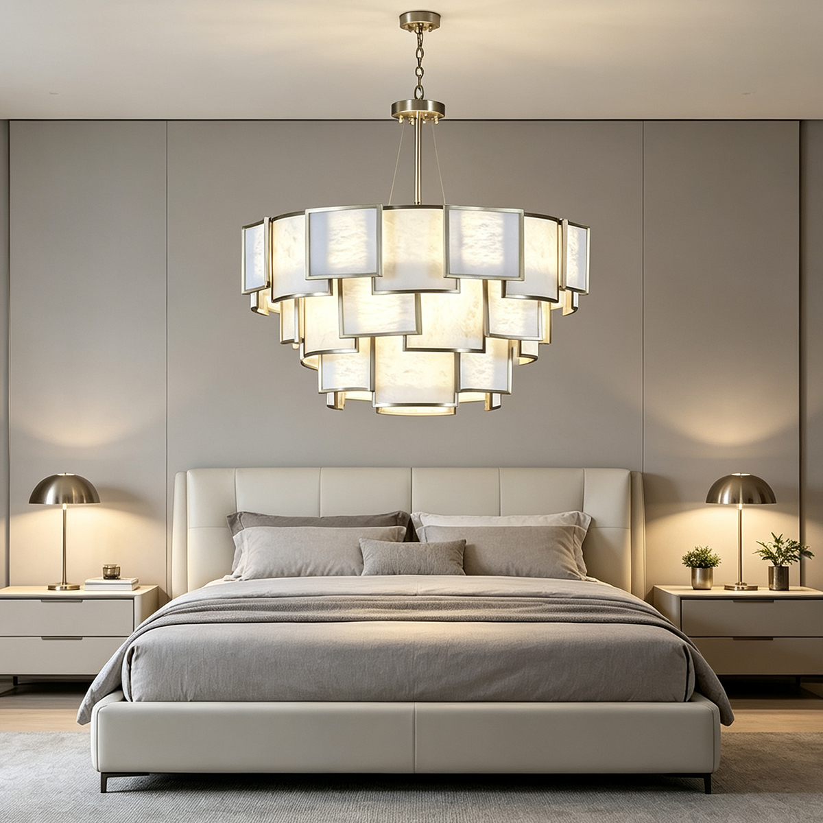 Casailighting Tiered Square Alabaster & Stainless Steel Chandelier
