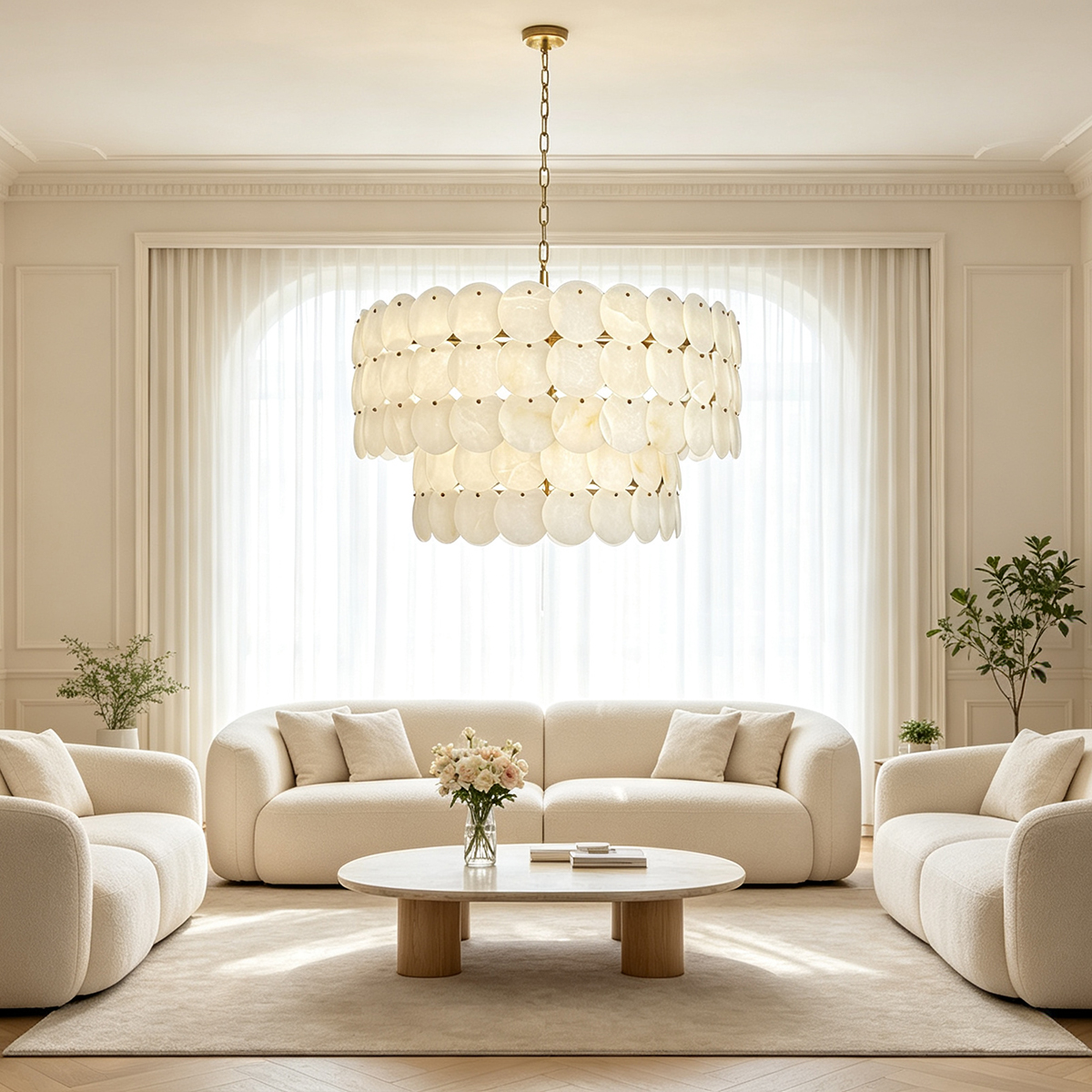 Casailighting Tiered Circular Alabaster & Brass Chandelier
