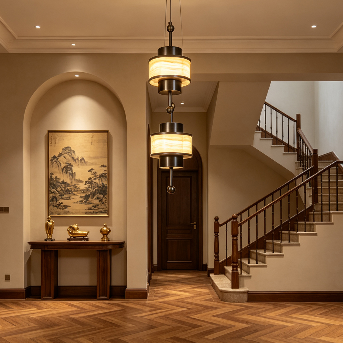 Casailighting Stacked Alabaster Cylinder & Brass Pendant Light