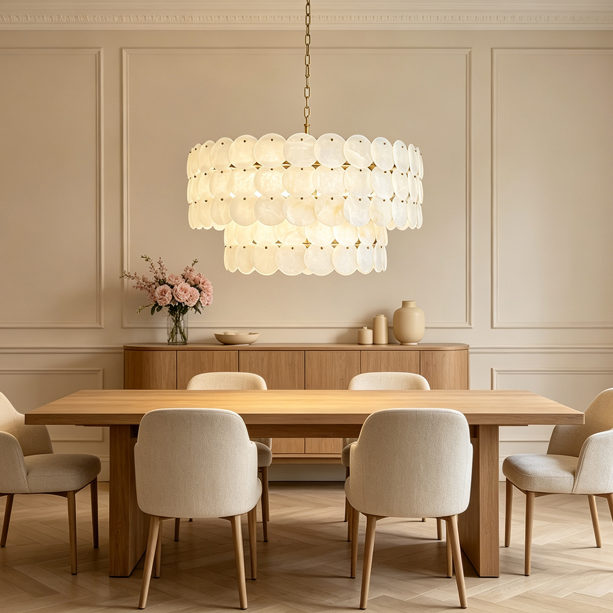 Casailighting Tiered Circular Alabaster & Brass Chandelier