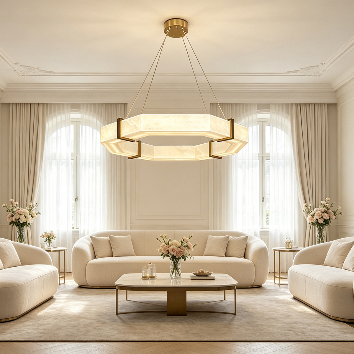 Casailighting Hexagonal Alabaster & Brass LED Chandelier