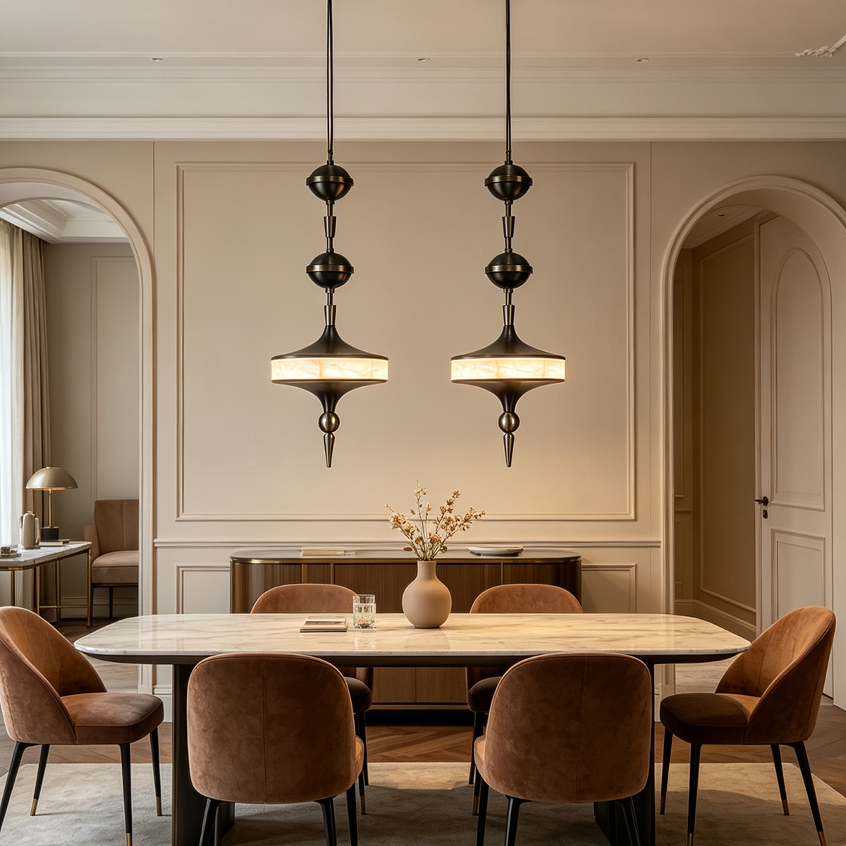 Casailighting Sculptural Top Alabaster & Brass Pendant Light