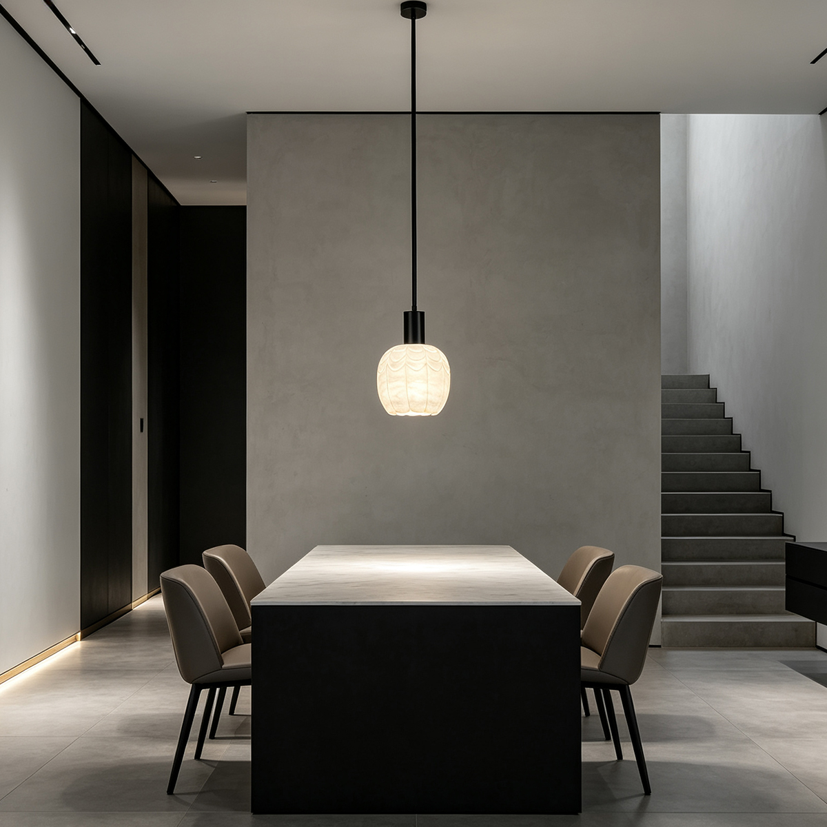 Casailighting “Lotus Bud” Carved Alabaster & Black Brass Pendant Light