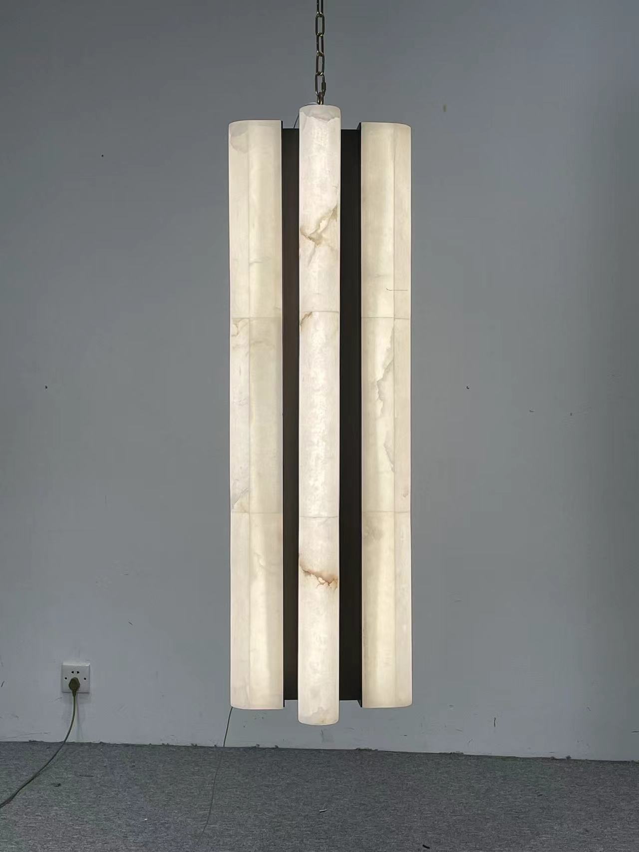 CASA Lighting Vertical Alabaster & Brass Cylinder Pendant Light