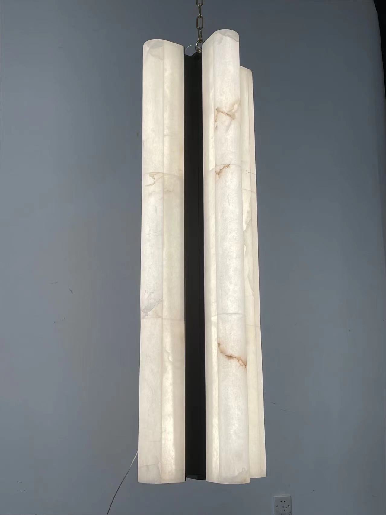 CASA Lighting Vertical Alabaster & Brass Cylinder Pendant Light