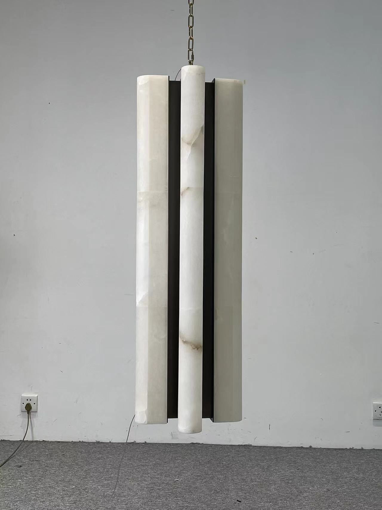 CASA Lighting Vertical Alabaster & Brass Cylinder Pendant Light