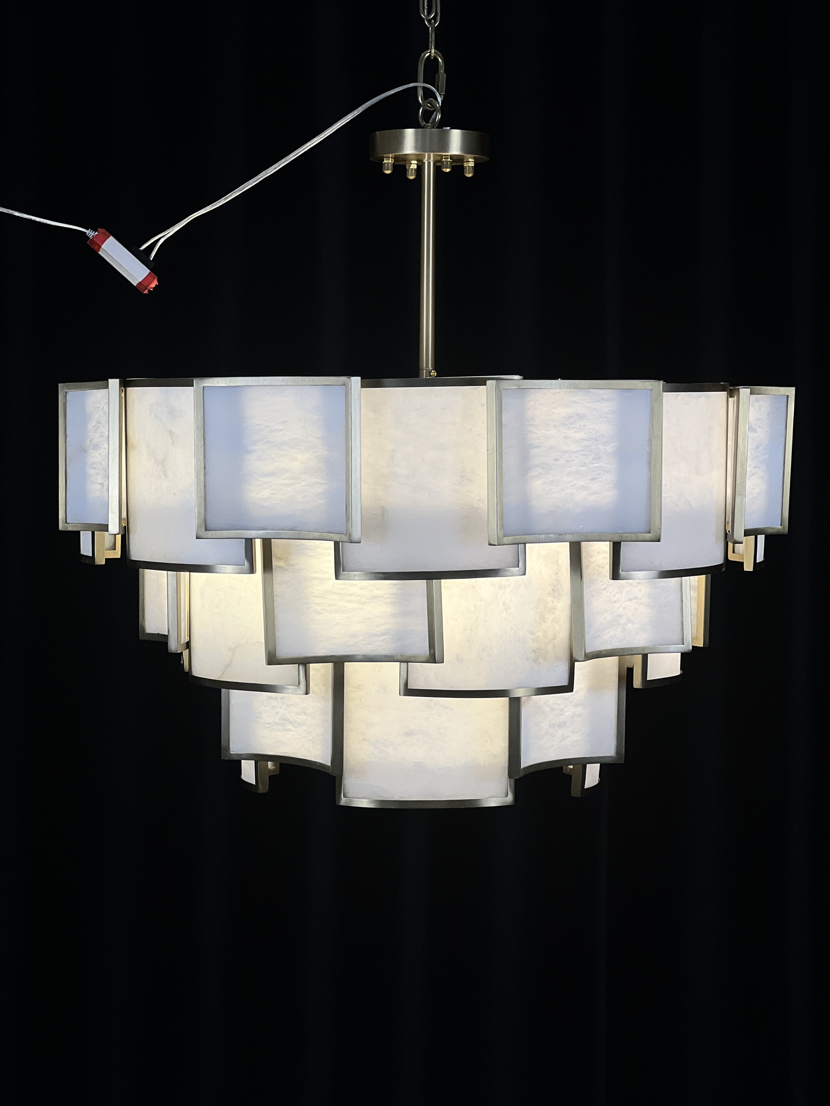 Casailighting Tiered Square Alabaster & Stainless Steel Chandelier