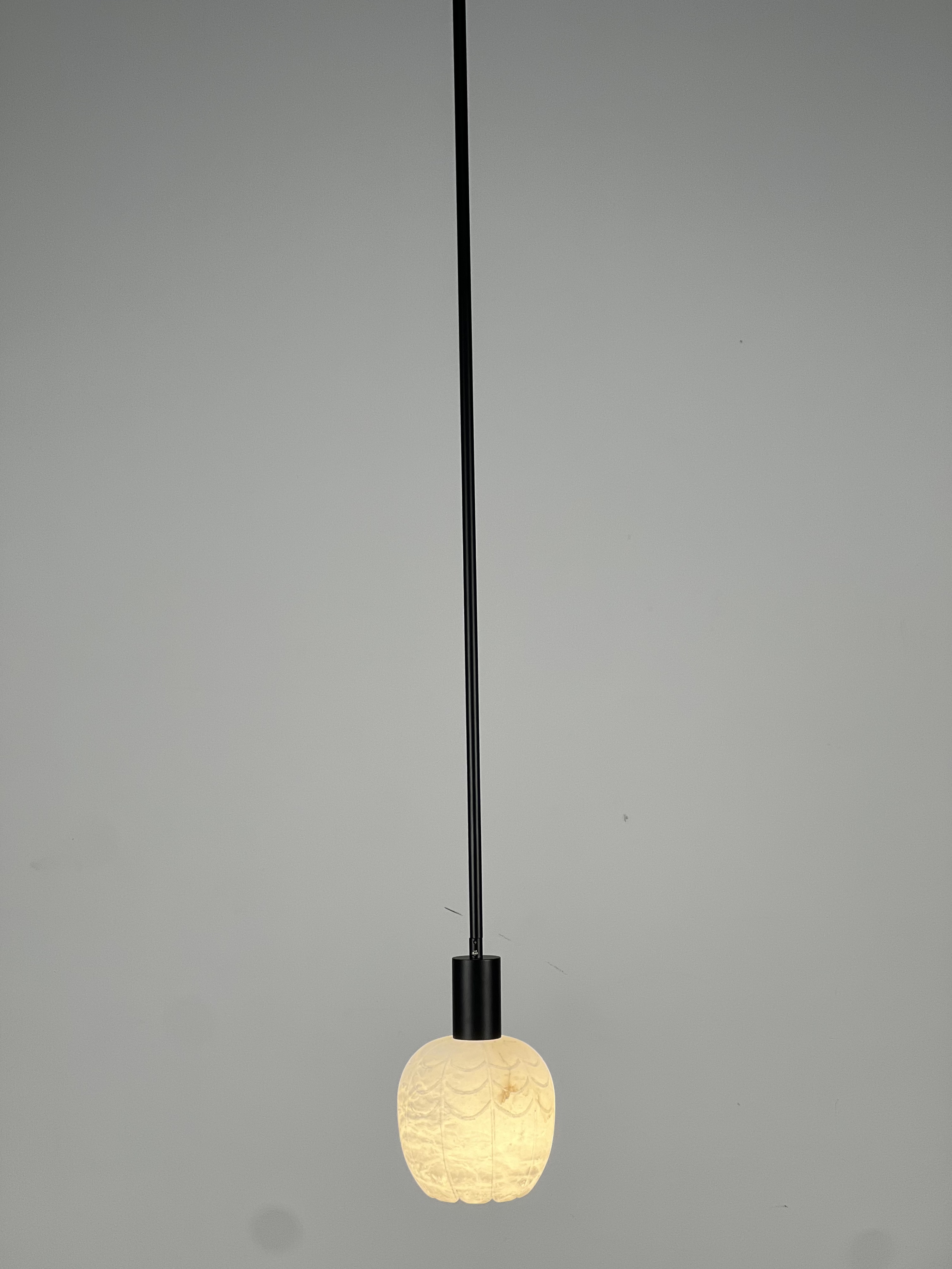 Casailighting “Lotus Bud” Carved Alabaster & Black Brass Pendant Light