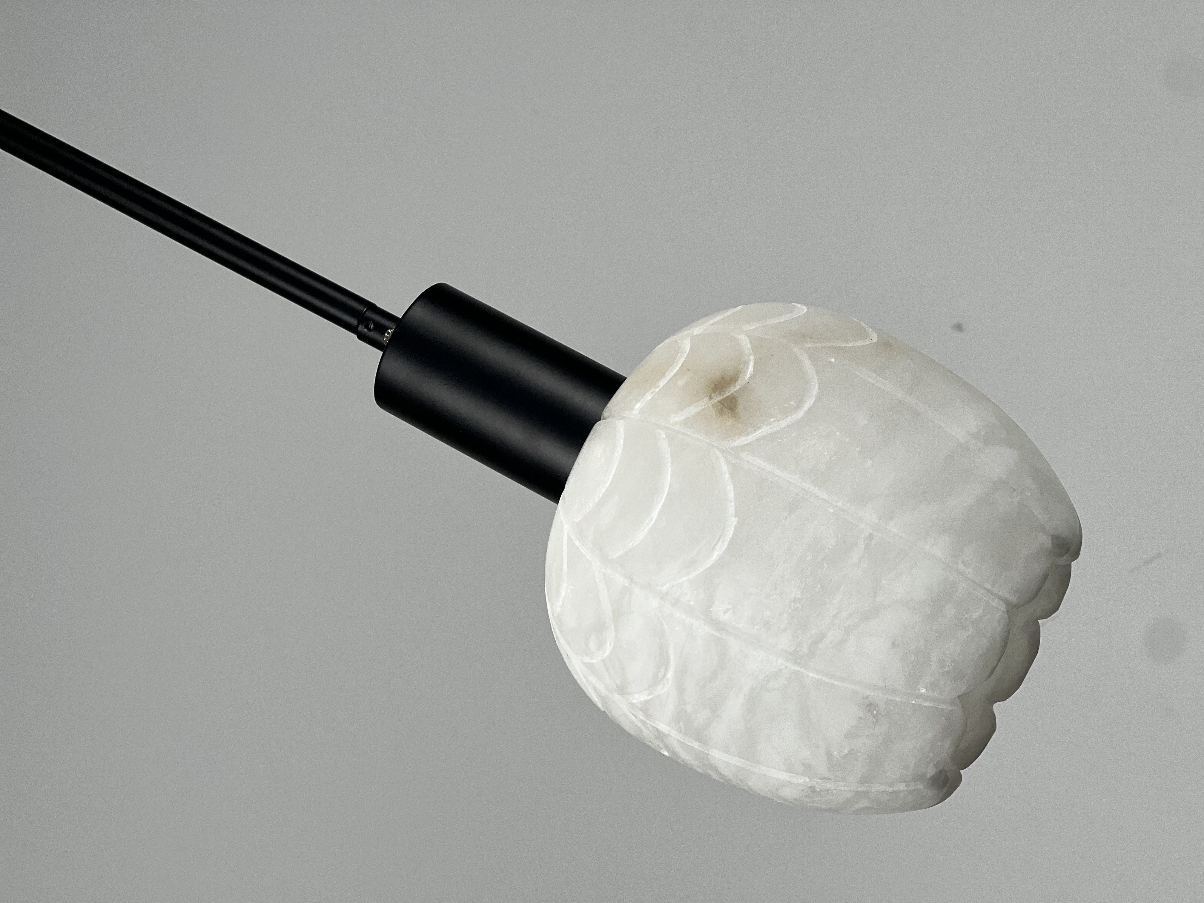 Casailighting “Lotus Bud” Carved Alabaster & Black Brass Pendant Light
