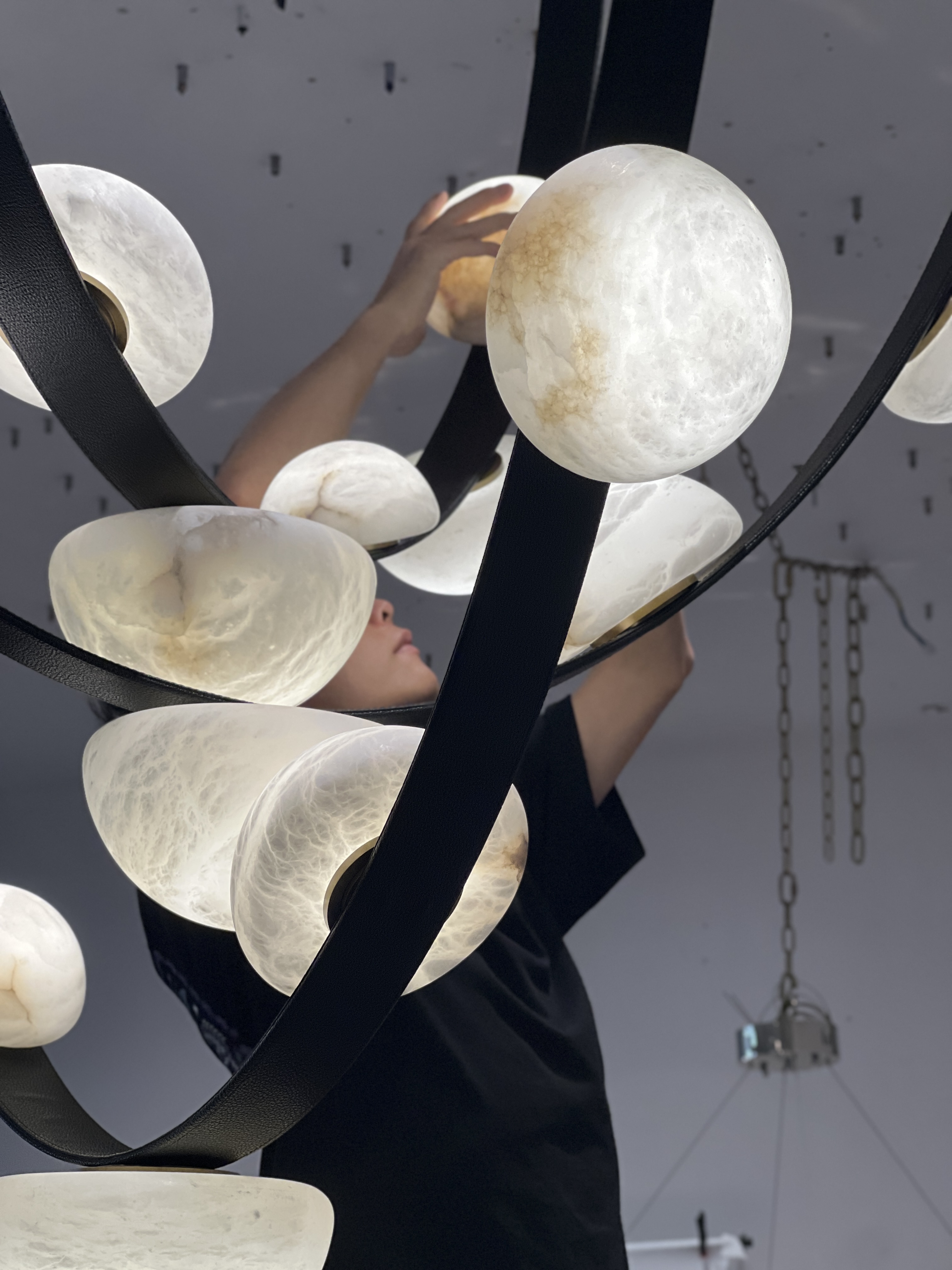 CASA Lighting Alabaster Droplet Leather Strap Chandelier