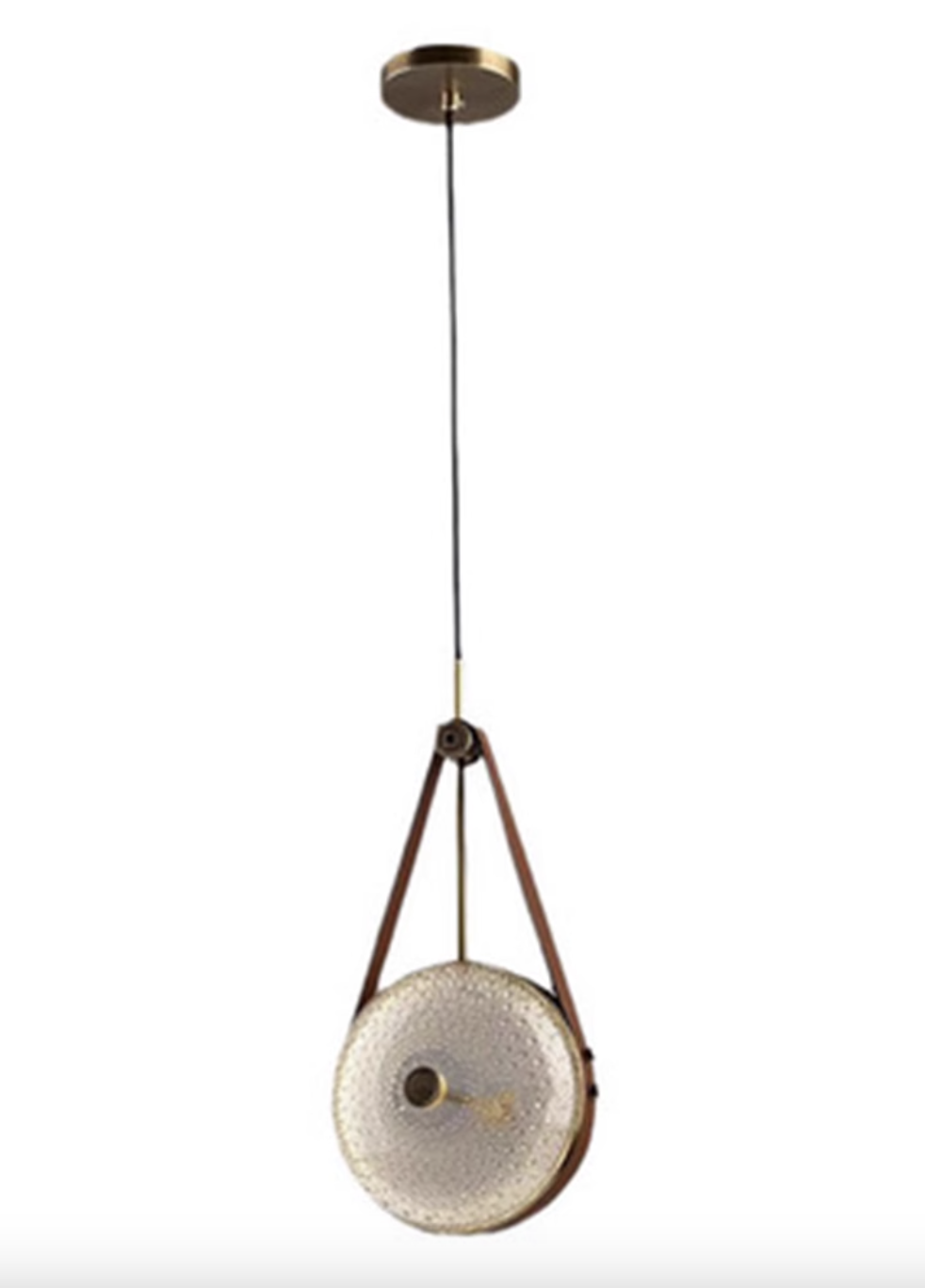 Casailighting “Satchel Disc” Leather & Brass Glass Pendant / Wall Sconce