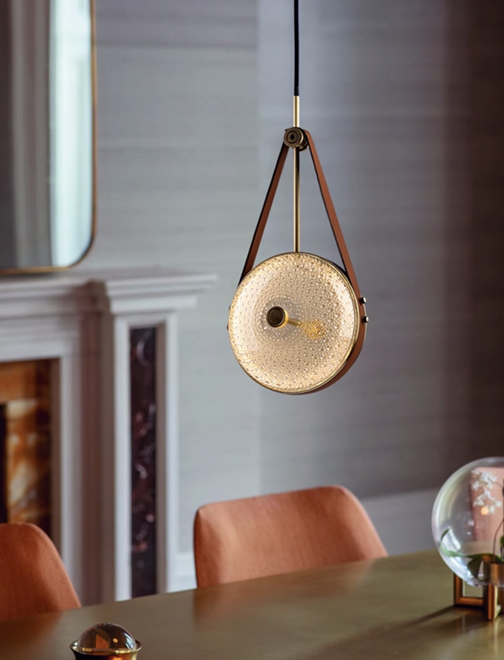 Casailighting “Satchel Disc” Leather & Brass Glass Pendant / Wall Sconce