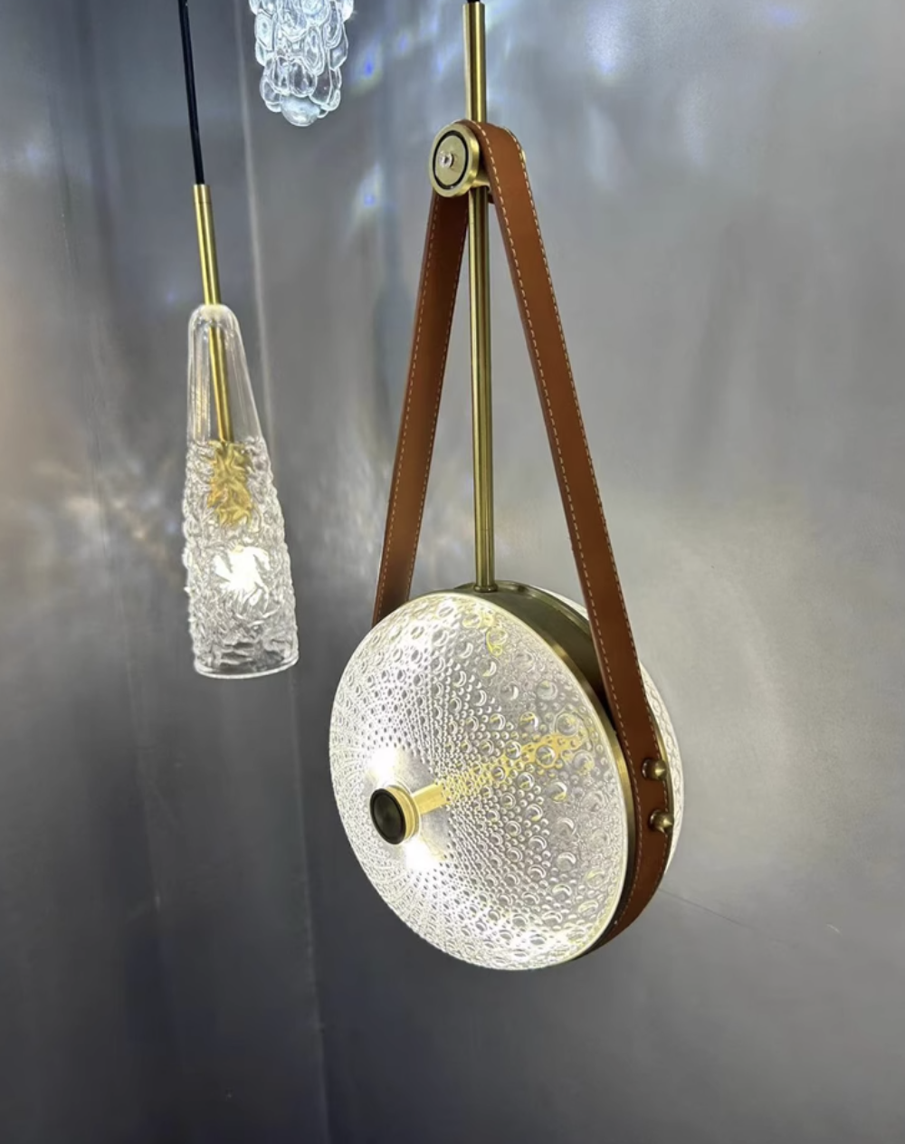 Casailighting “Satchel Disc” Leather & Brass Glass Pendant / Wall Sconce