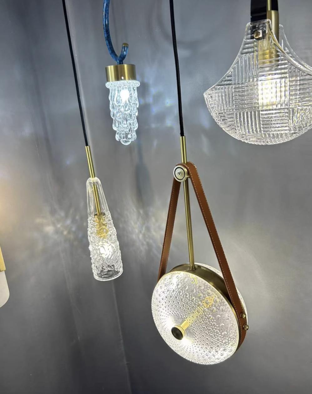 Casailighting “Satchel Disc” Leather & Brass Glass Pendant / Wall Sconce