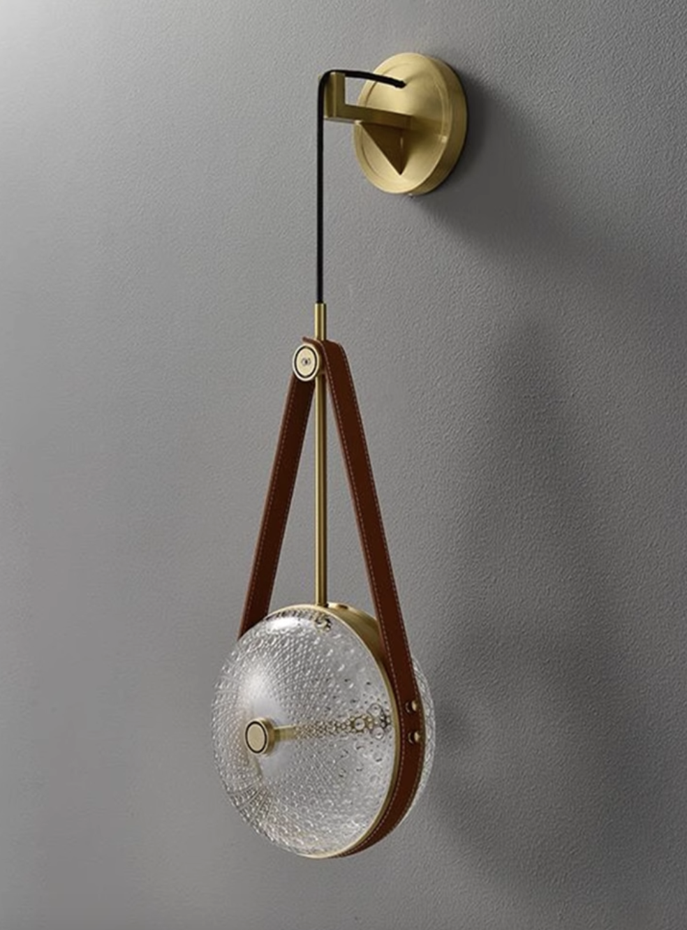 Casailighting “Satchel Disc” Leather & Brass Glass Pendant / Wall Sconce