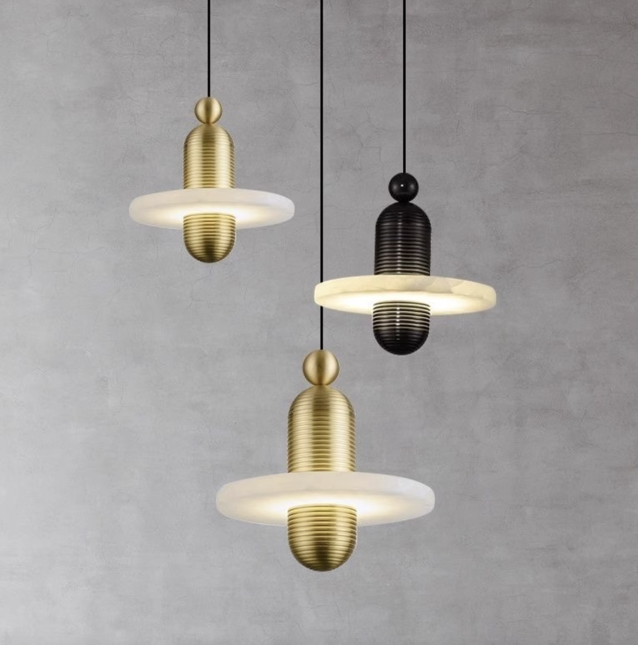 Casailighting “Orbit Disc” Alabaster & Brushed Aluminum Pendant Light