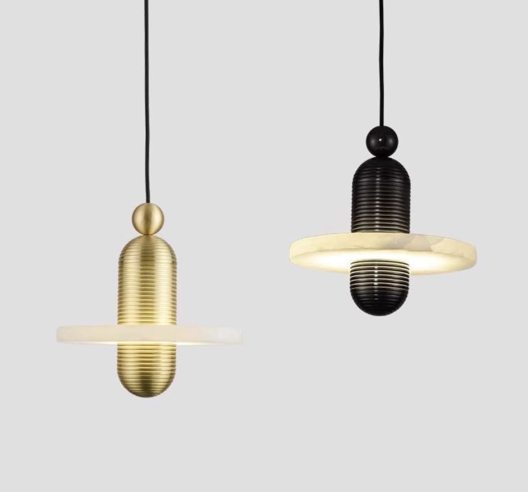 Casailighting “Orbit Disc” Alabaster & Brushed Aluminum Pendant Light