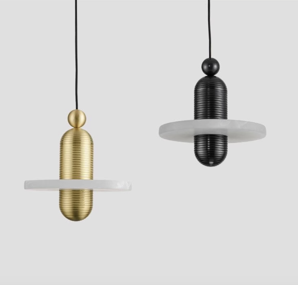 Casailighting “Orbit Disc” Alabaster & Brushed Aluminum Pendant Light