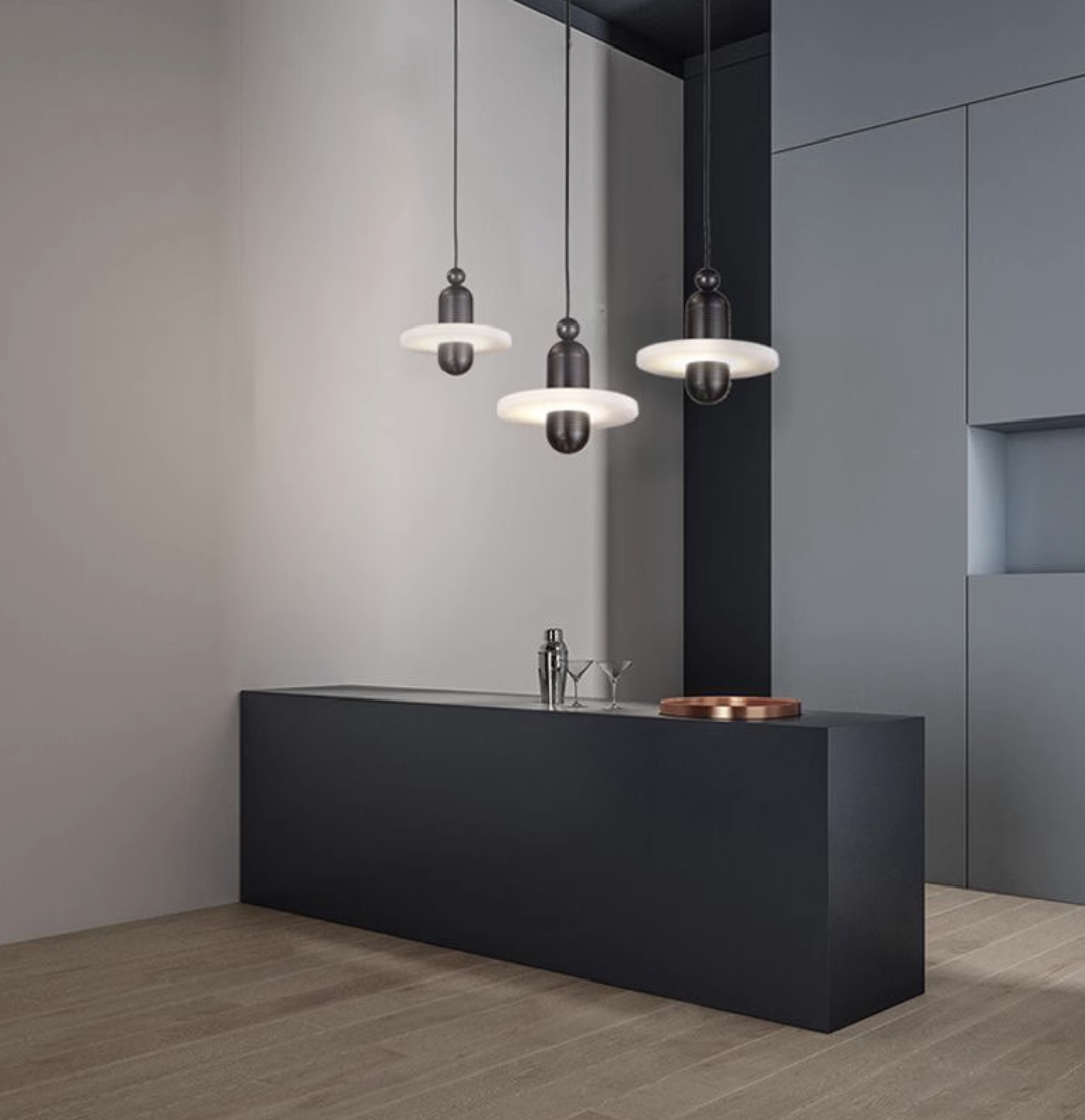 Casailighting “Orbit Disc” Alabaster & Brushed Aluminum Pendant Light