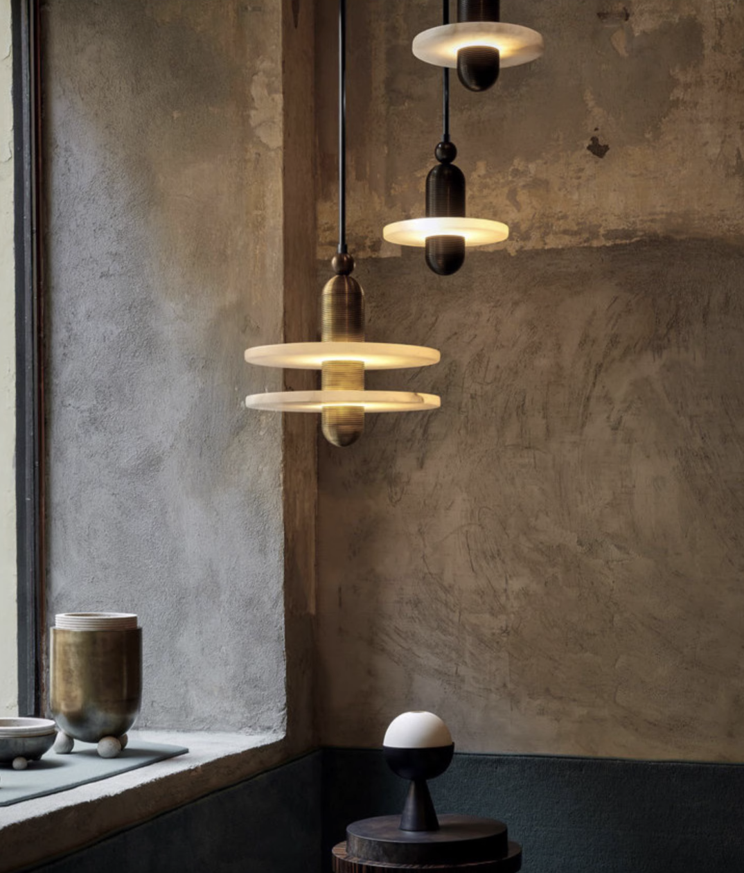 Casailighting “Orbit Disc” Alabaster & Brushed Aluminum Pendant Light