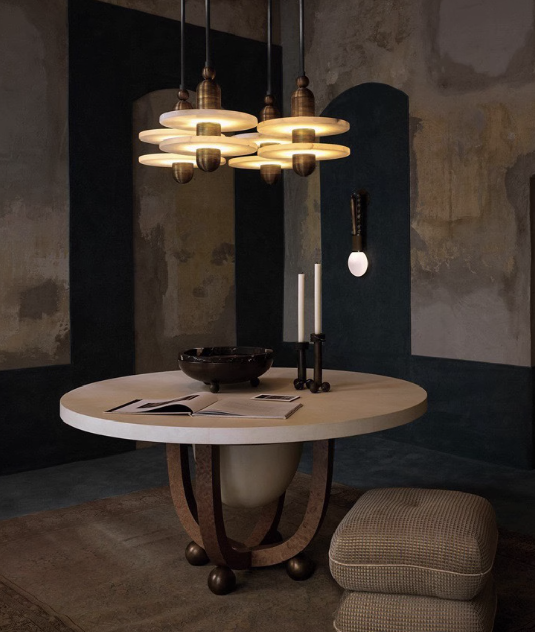 Casailighting “Orbit Disc” Alabaster & Brushed Aluminum Pendant Light