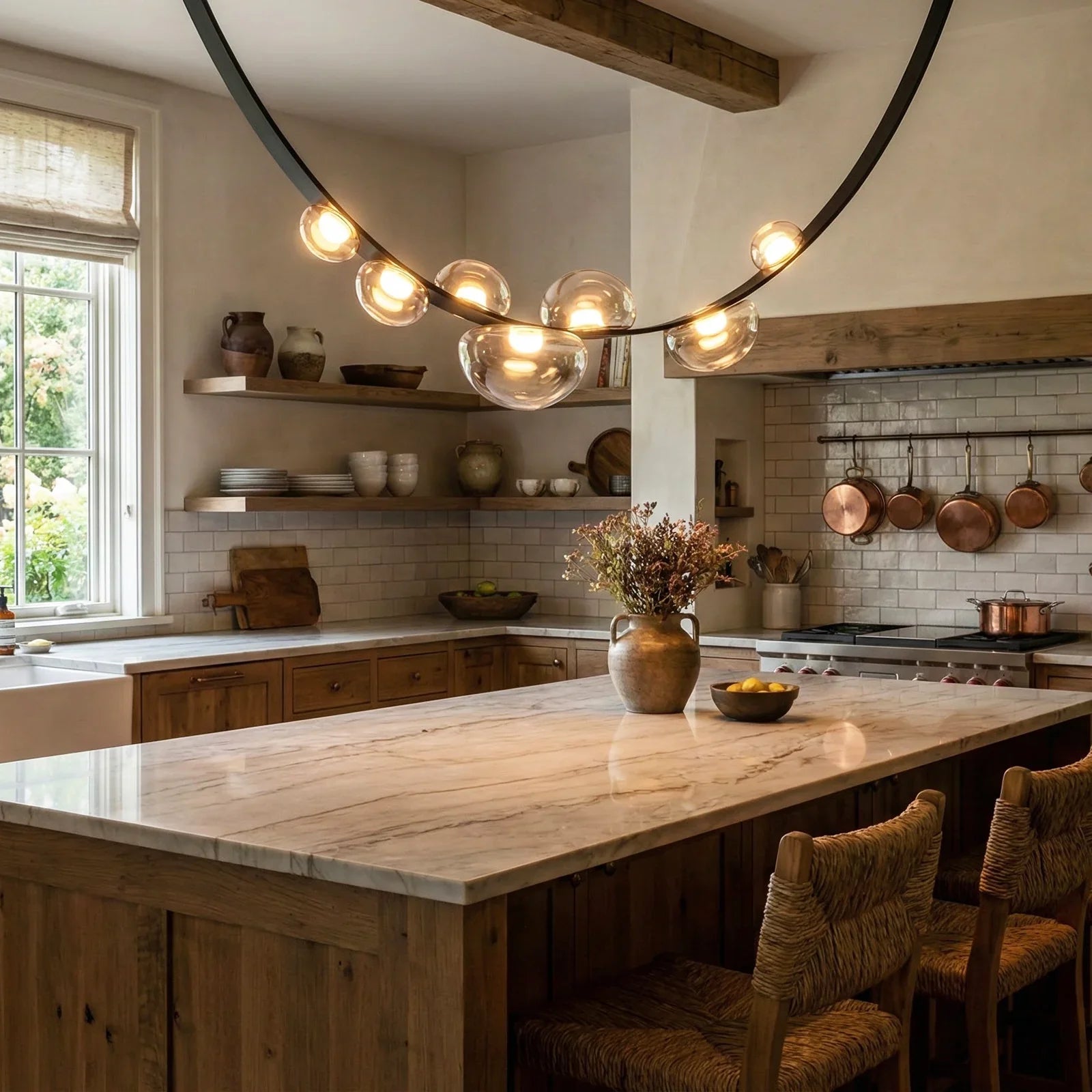Dew Drops Pendant Lamp with glass droplets suspended along a flexible curved frame