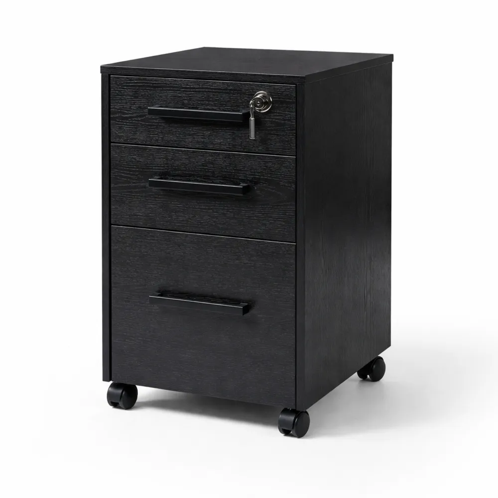 Cassettiera da Ufficio con 3 Cassetti e Serratura, Legno Nero