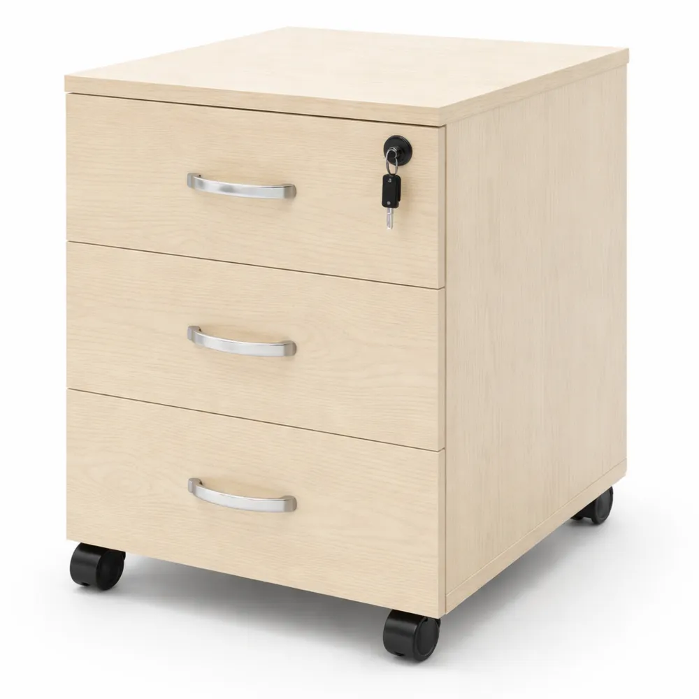 Cassettiera da Ufficio in Legno con Ruote e Serratura di Sicurezza, 3 Cassetti, Beige