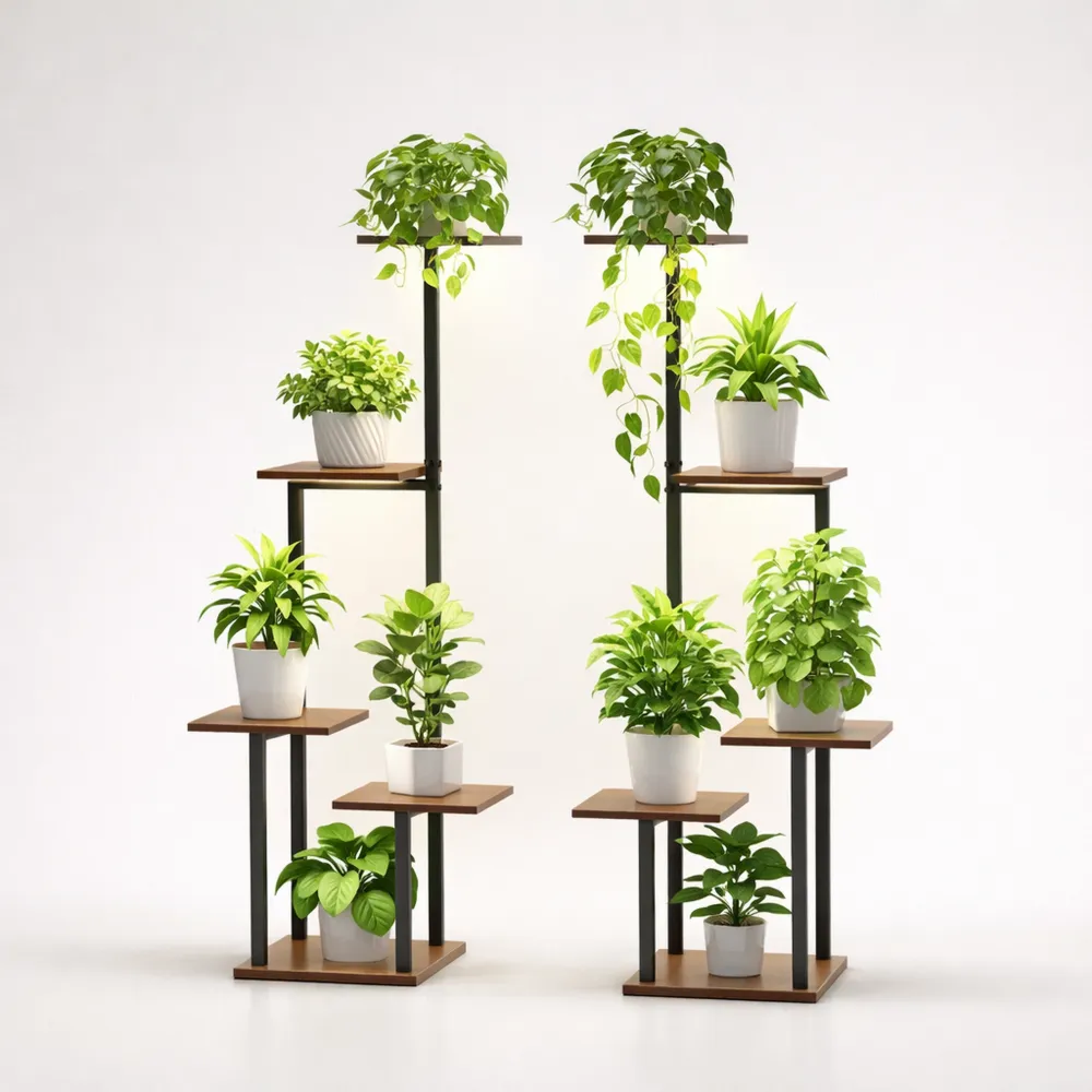 Scaffale per piante con luci di crescita a 5 ripiani - Metallo e legno per interni ed esterni