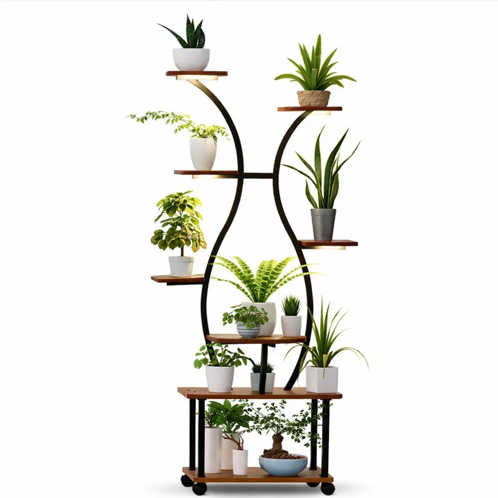 Scaffale per piante con luce LED integrata a spettro completo, 8 ripiani in metallo e legno per interni ed esterni