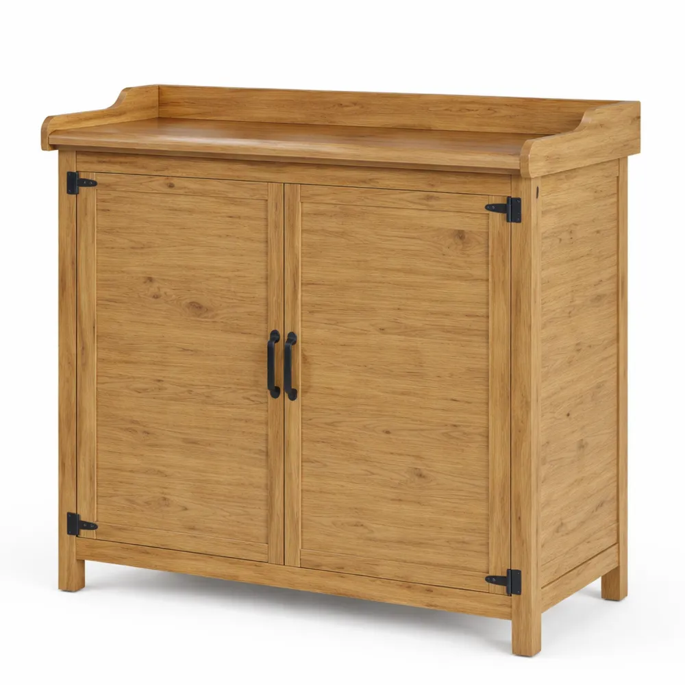 Tavolo da Giardinaggio con Armadietto e Ripiano Regolabile per Interno ed Esterno, Legno Naturale, 98x48x95 cm