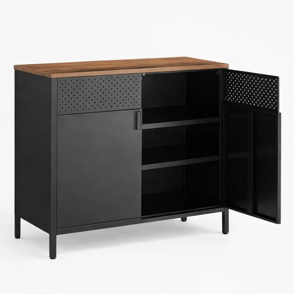 Credenza in Metallo con Ante Magnetiche e Ripiani Regolabili, 40 x 80 x 76 cm, Marrone Vintage e Nero