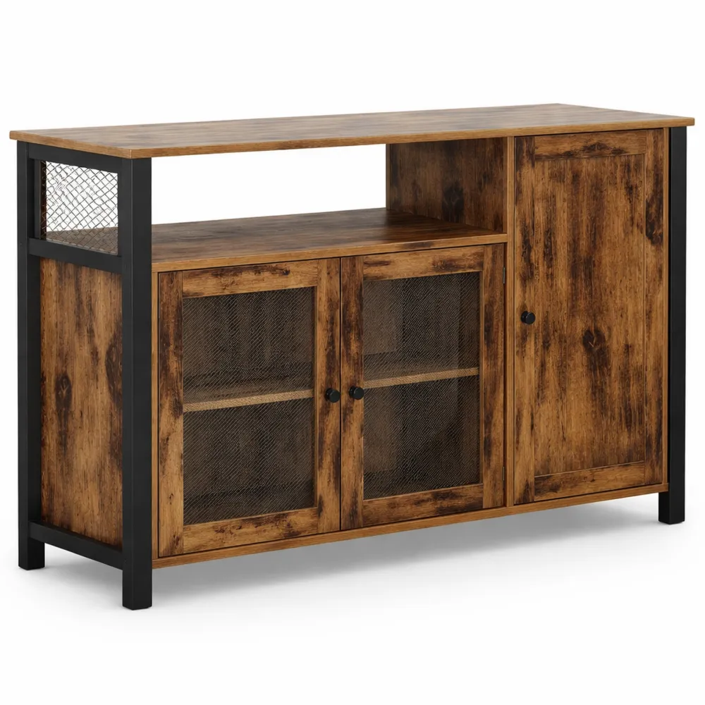 Credenza da Cucina con 3 Ante, per Soggiorno e Sala da Pranzo, Stile Country, Marrone Vintage e Nero
