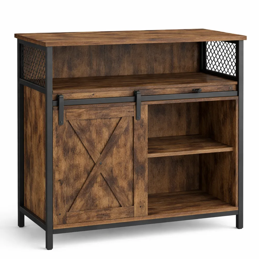 Credenza da Cucina con Anta Scorrevole e Ripiani Regolabili, Stile Country