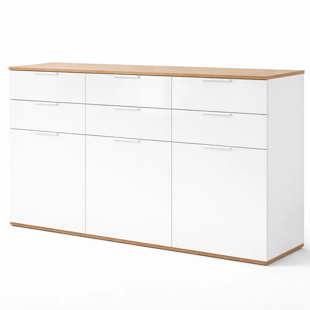Credenza Moderna con 6 Cassetti e 3 Ante, Colore Rovere e Bianco