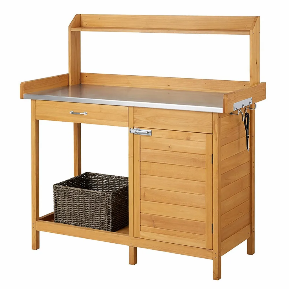 Tavolo da Giardino in Legno per Piante con Ripiano e Cassetto