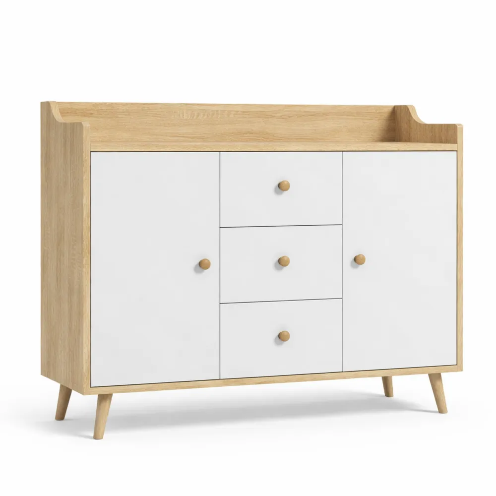 Credenza Moderna con 3 Cassetti e 2 Armadietti per Cucina e Soggiorno, 90x32x80 cm, Bianco e Legno