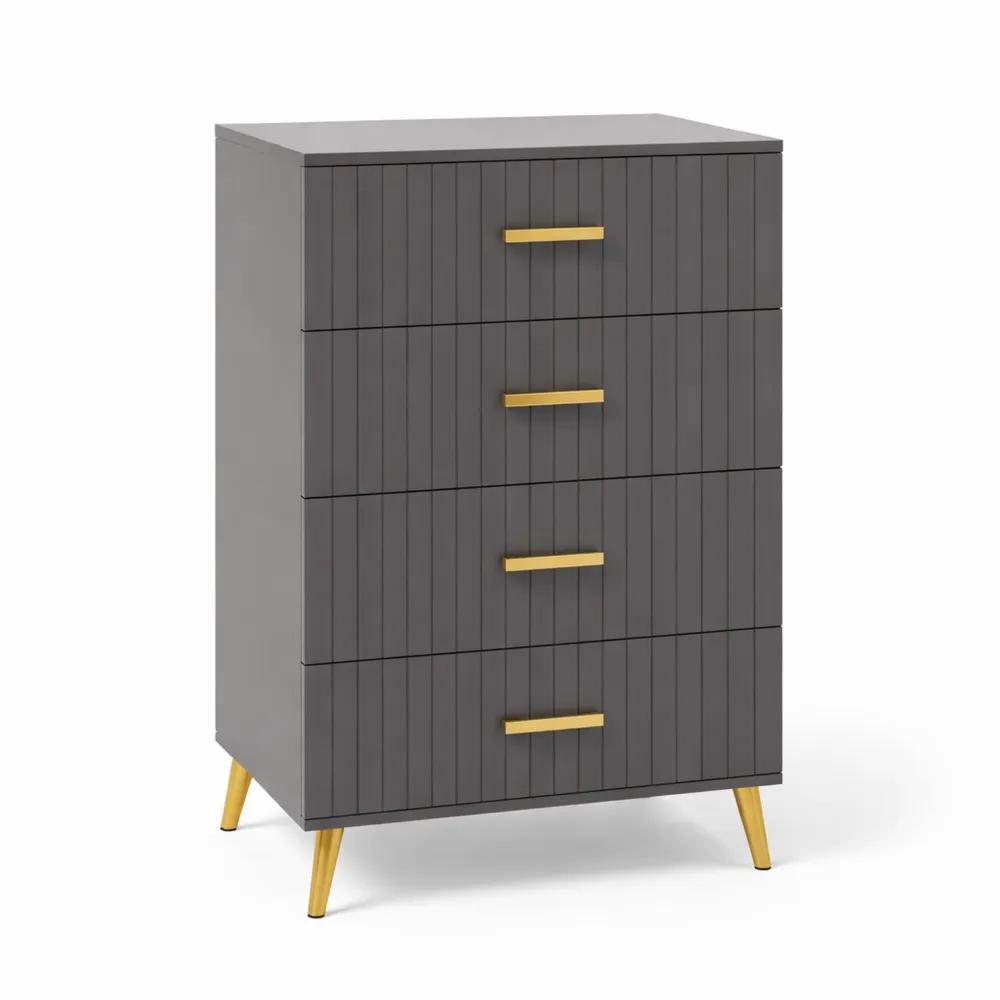 Cassettiera Moderna a 4 Cassetti, Antiribaltamento in Legno e Alluminio, 60x40x90 cm, Colori Oro e Grigio Scuro