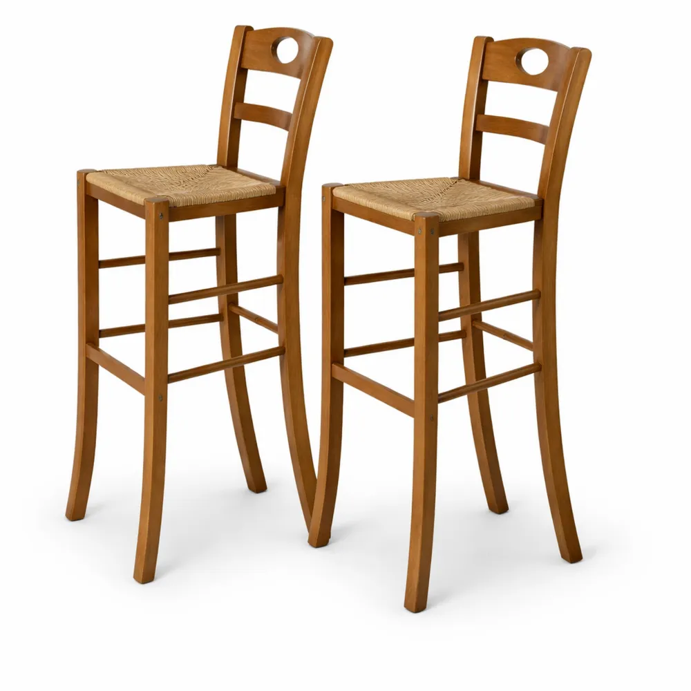 Set di 2 sgabelli alti da bar in legno chiaro con schienale e seduta in paglia, altezza 80 cm