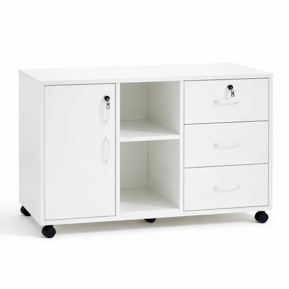 Cassettiera mobile con rotelle e cassetti chiudibili, supporto per stampante con scaffali aperti, armadietto per ufficio bianco