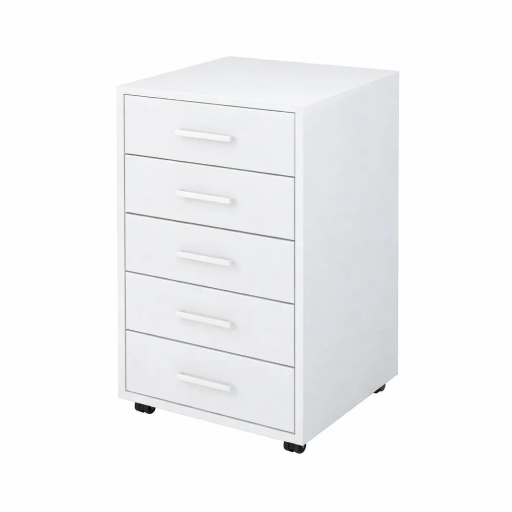 Cassetto da Ufficio a 5 Cassetti su Ruote, Bianco, Elegante per Soggiorno e Camera da Letto