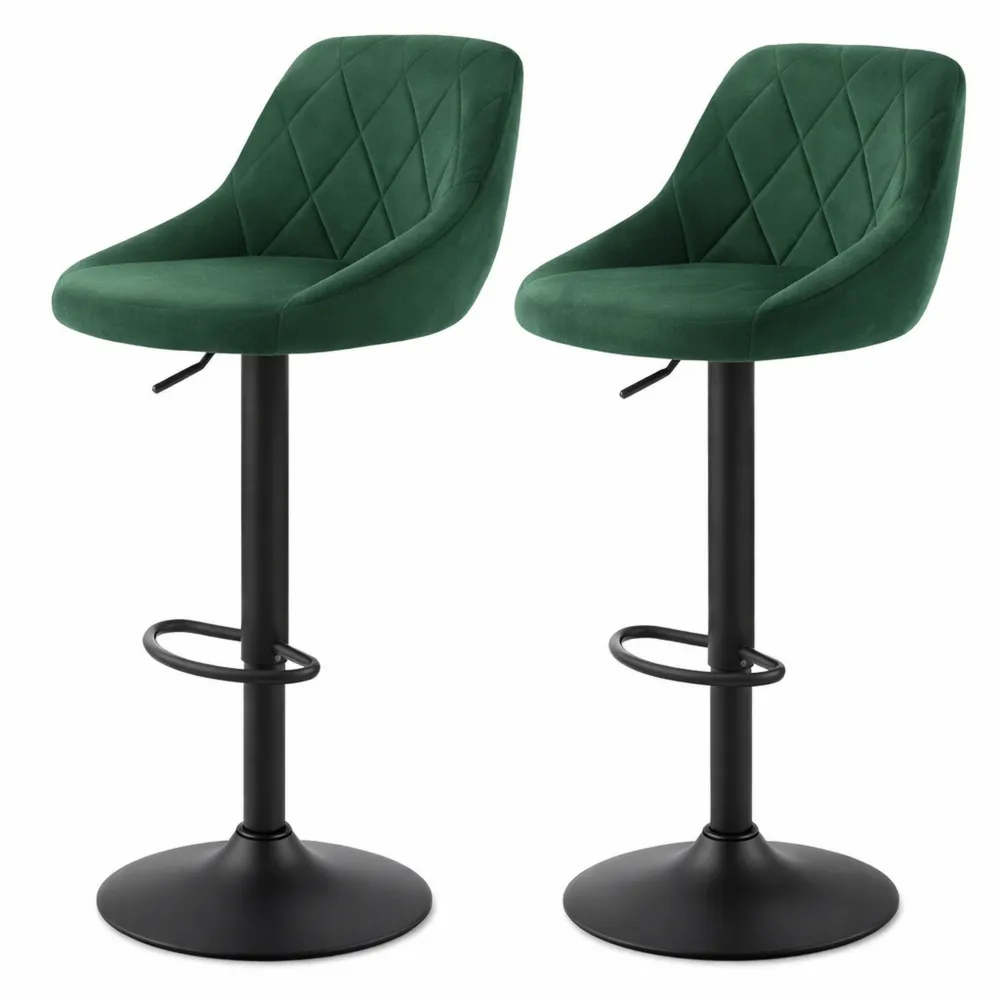Coppia di sgabelli da bar girevoli in velluto verde scuro a altezza regolabile