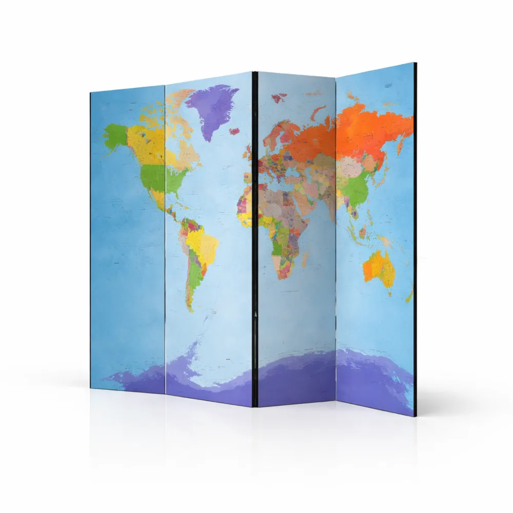 Paravento Decorativo Bifacciale con Mappa del Mondo su Tela 225x172cm