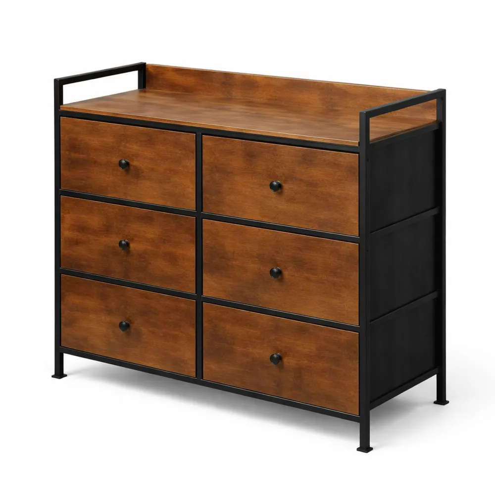 Cassettiera con 6 Cassetti in Tessuto e Ripiano Aperto, Struttura in Acciaio, Colore Marrone Vintage e Nero