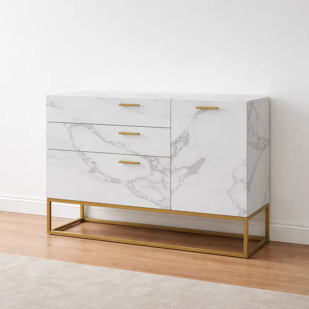 Cassettiera con 3 Cassetti e Anta, Mobile Basso per Soggiorno con Telaio in Metallo, 75 x 100 x 35 cm, Dorato/Effetto Marmo Bianco